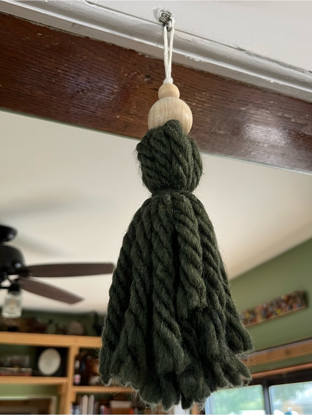 Handcrafted Dark Green Yard and Wooden Bead Tassel Decor